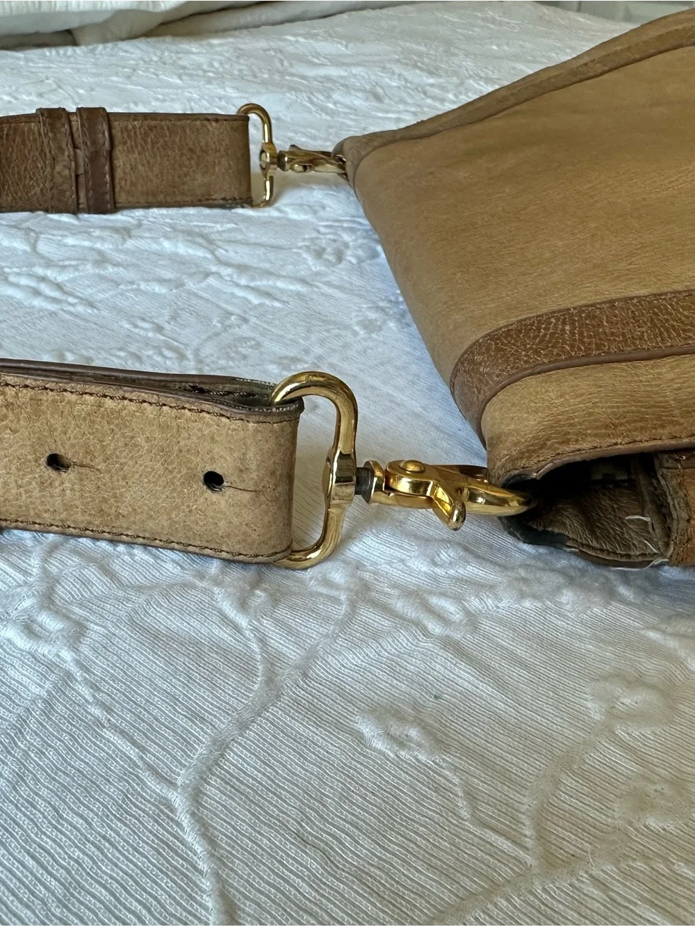 Tory Burch Tan Distressed Leather Shoulder Bag with Gold Logo Medallion